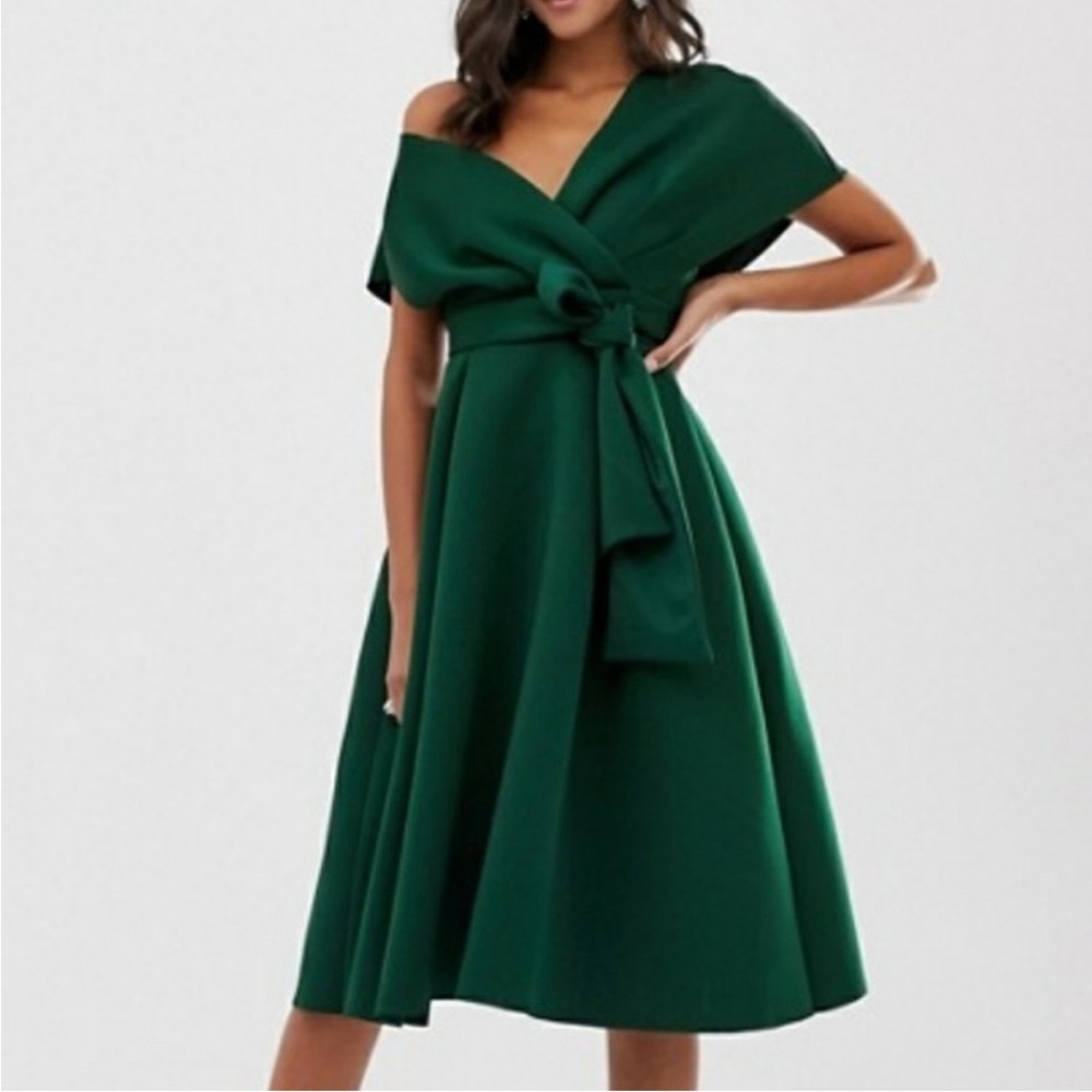 ASOS DESIGN fallen shoulder midi prom dress with tie detail in bottle green